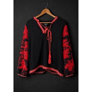 Maeve Anthropologie Embroidered Boho Top Black Red Textured Sleeve L Petite